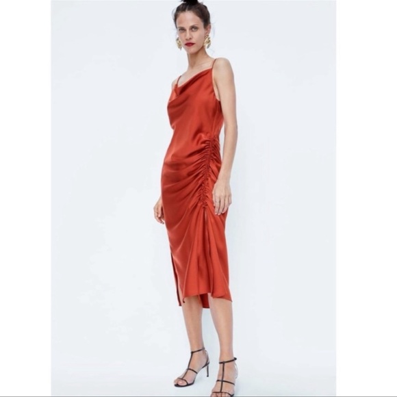 Zara Dresses & Skirts - Zara Basic Orange Satin Spaghetti Strap Dress with Cowl Neck